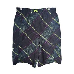 Columbia Boys Sz 14/16 Green Plaid Swim Trunks Pull On Beach Pool Summer